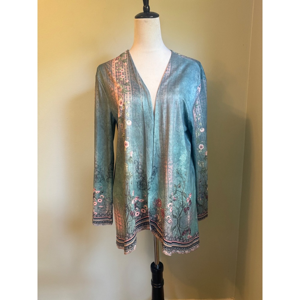 Teal Floral Open Cardigan Long Sleeve Boho Large cottage fairy festival resort y